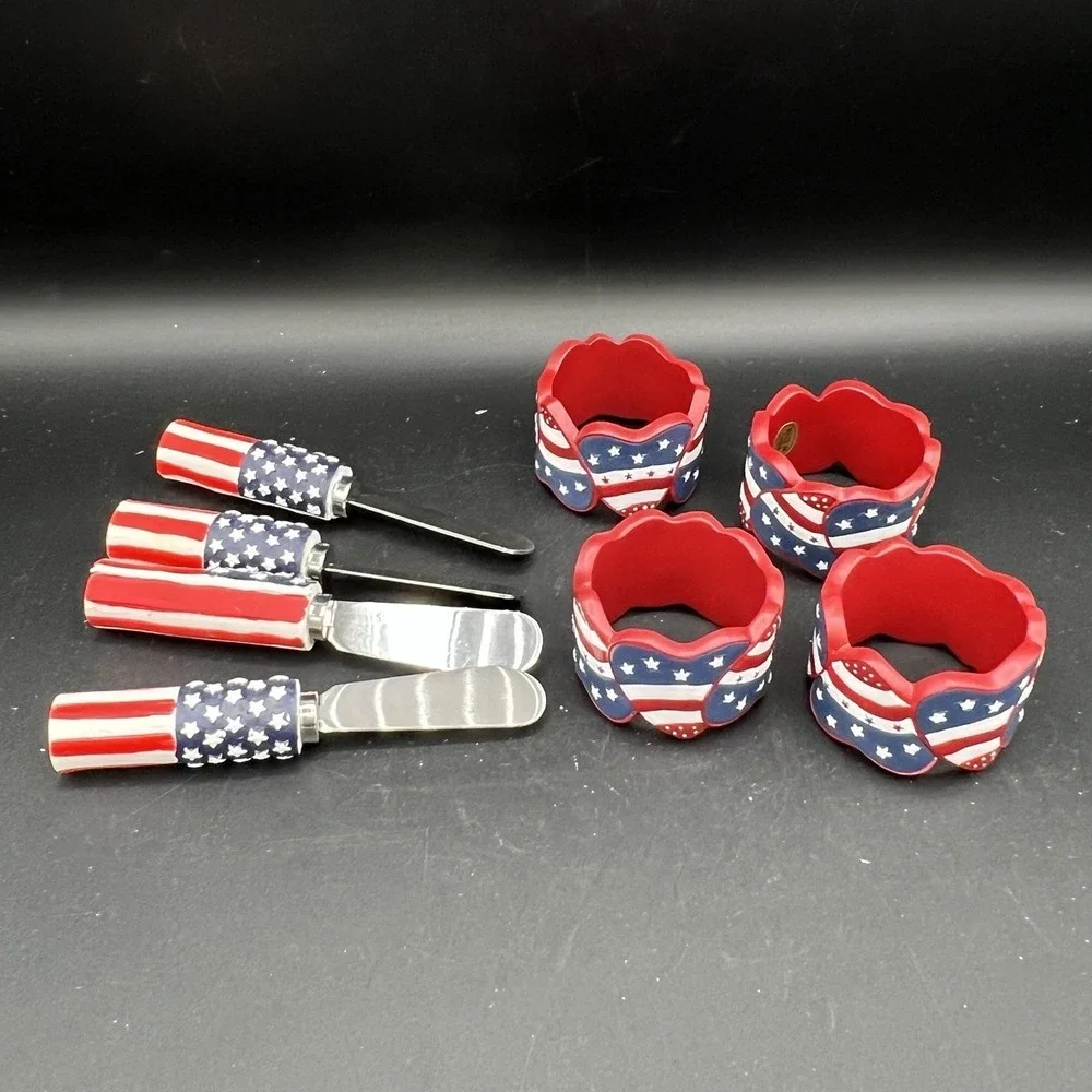 Patriotic Hearts FLAG Plastic Napkin 4 Rings and 4 Knives Spreaders ~‎ Set of 8